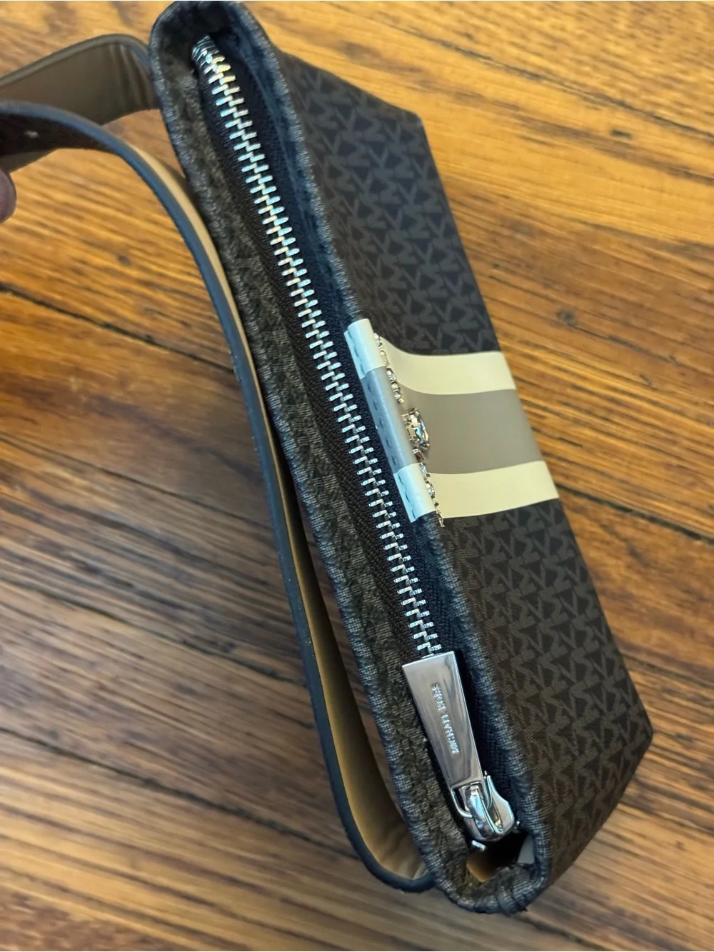 Michael Kors Black Crossbody Belt Bag with Gray and White Racing Stripe